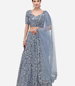Grey Sequinned Embroidered Semi-Stitched Lehenga & Unstitched Blouse with Dupatta