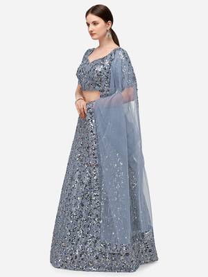 Grey Sequinned Embroidered Semi-Stitched Lehenga & Unstitched Blouse with Dupatta 2