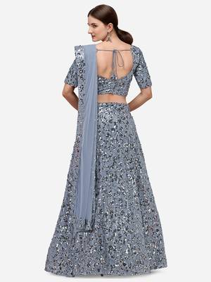 Grey Sequinned Embroidered Semi-Stitched Lehenga & Unstitched Blouse with Dupatta 3