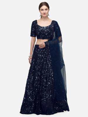 Navy Blue Sequinned Embroidered Semi-Stitched Lehenga & Unstitched Blouse with Dupatta 1
