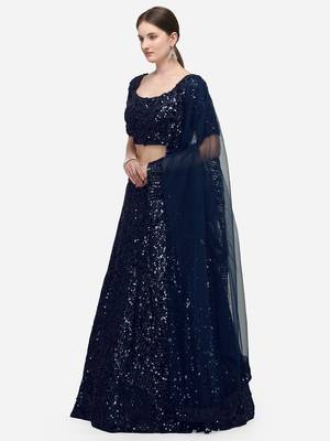 Navy Blue Sequinned Embroidered Semi-Stitched Lehenga & Unstitched Blouse with Dupatta 2