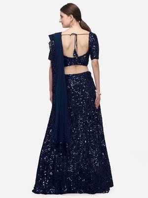 Navy Blue Sequinned Embroidered Semi-Stitched Lehenga & Unstitched Blouse with Dupatta 3