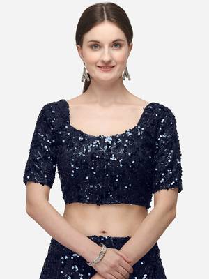 Navy Blue Sequinned Embroidered Semi-Stitched Lehenga & Unstitched Blouse with Dupatta 4