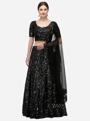 Black Sequinned Embroidered Semi-Stitched Lehenga & Unstitched Blouse with Dupatta 1