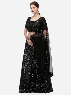 Black Sequinned Embroidered Semi-Stitched Lehenga & Unstitched Blouse with Dupatta 2