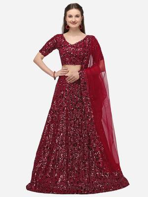 Maroon Sequinned Embroidered Semi-Stitched Lehenga & Unstitched Blouse with Dupatta 1