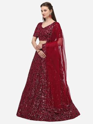 Maroon Sequinned Embroidered Semi-Stitched Lehenga & Unstitched Blouse with Dupatta 2