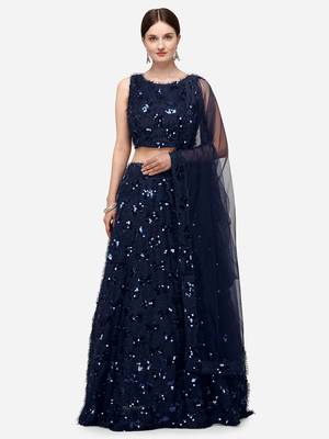 Navy Blue Sequinned Embroidered Semi-Stitched Lehenga & Unstitched Blouse with Dupatta 1