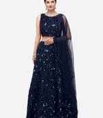 Navy Blue Sequinned Embroidered Semi-Stitched Lehenga & Unstitched Blouse with Dupatta