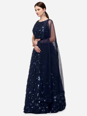 Navy Blue Sequinned Embroidered Semi-Stitched Lehenga & Unstitched Blouse with Dupatta 2