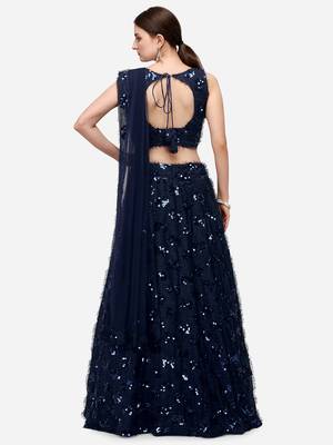 Navy Blue Sequinned Embroidered Semi-Stitched Lehenga & Unstitched Blouse with Dupatta 3