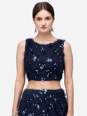 Navy Blue Sequinned Embroidered Semi-Stitched Lehenga & Unstitched Blouse with Dupatta 4