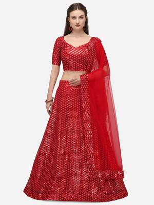 Red Net Sequinned Embroidered Semi-Stitched Lehenga & Unstitched Blouse with Dupatta 1