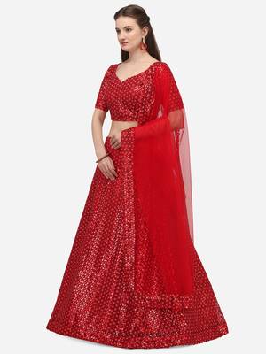Red Net Sequinned Embroidered Semi-Stitched Lehenga & Unstitched Blouse with Dupatta 2