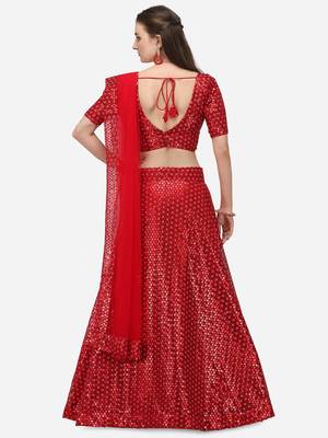 Red Net Sequinned Embroidered Semi-Stitched Lehenga & Unstitched Blouse with Dupatta 3