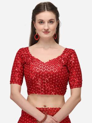 Red Net Sequinned Embroidered Semi-Stitched Lehenga & Unstitched Blouse with Dupatta 4