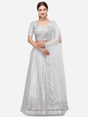 White Net Sequinned Embroidered Semi-Stitched Lehenga & Unstitched Blouse with Dupatta 1