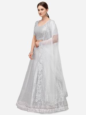 White Net Sequinned Embroidered Semi-Stitched Lehenga & Unstitched Blouse with Dupatta 2