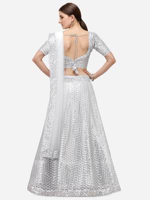 White Net Sequinned Embroidered Semi-Stitched Lehenga & Unstitched Blouse with Dupatta 3