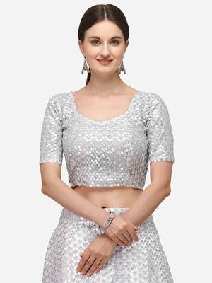 White Net Sequinned Embroidered Semi-Stitched Lehenga & Unstitched Blouse with Dupatta 4