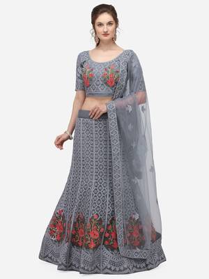 Grey Embroidered Semi-Stitched Lehenga & Unstitched Blouse with Dupatta 1