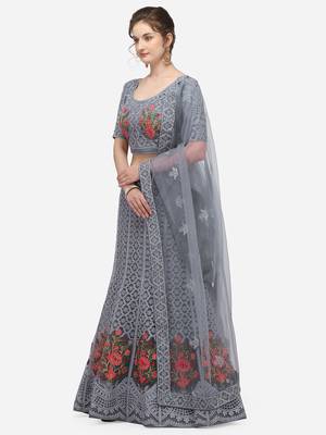 Grey Embroidered Semi-Stitched Lehenga & Unstitched Blouse with Dupatta 2