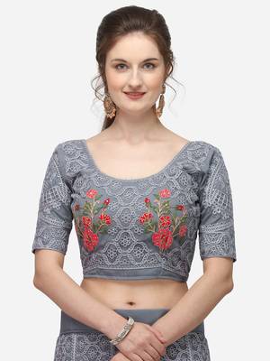 Grey Embroidered Semi-Stitched Lehenga & Unstitched Blouse with Dupatta 4