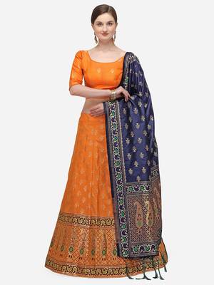 Orange Woven Design Semi-Stitched Lehenga & Unstitched Blouse with Dupatta 1