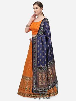 Orange Woven Design Semi-Stitched Lehenga & Unstitched Blouse with Dupatta 2