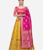 Pink & Yellow Woven Design Semi-Stitched Lehenga & Unstitched Blouse with Dupatta