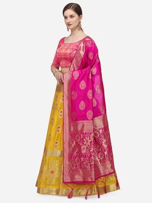 Pink & Yellow Woven Design Semi-Stitched Lehenga & Unstitched Blouse with Dupatta 2