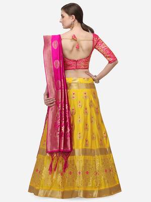Pink & Yellow Woven Design Semi-Stitched Lehenga & Unstitched Blouse with Dupatta 3