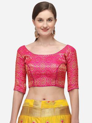 Pink & Yellow Woven Design Semi-Stitched Lehenga & Unstitched Blouse with Dupatta 4