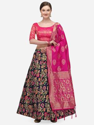 Pink & Blue Woven Design Semi-Stitched Lehenga & Unstitched Blouse with Dupatta 1