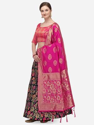 Pink & Blue Woven Design Semi-Stitched Lehenga & Unstitched Blouse with Dupatta 2