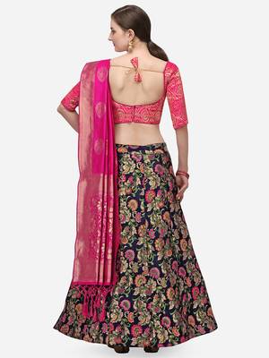 Pink & Blue Woven Design Semi-Stitched Lehenga & Unstitched Blouse with Dupatta 3