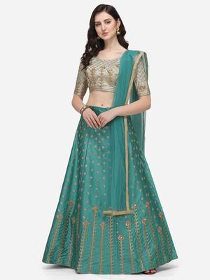 Turquoise & Off-white Embroidered Semi-Stitched Lehenga & Unstitched Blouse with Dupatta 1
