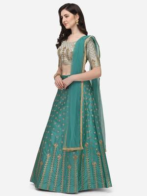 Turquoise & Off-white Embroidered Semi-Stitched Lehenga & Unstitched Blouse with Dupatta 2