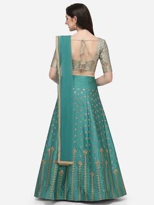 Turquoise & Off-white Embroidered Semi-Stitched Lehenga & Unstitched Blouse with Dupatta 3