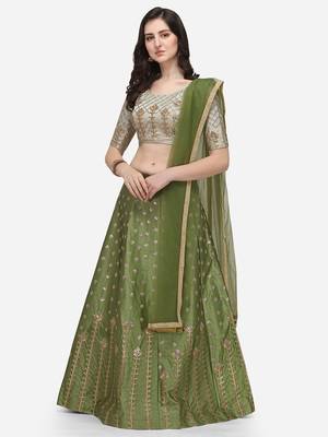 Green & Off-white Embroidered Semi-Stitched Lehenga & Unstitched Blouse with Dupatta 1