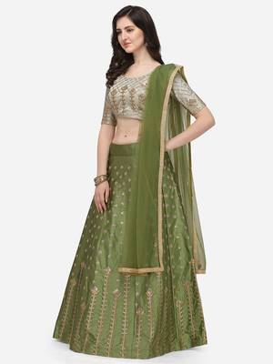 Green & Off-white Embroidered Semi-Stitched Lehenga & Unstitched Blouse with Dupatta 2