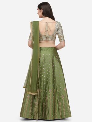 Green & Off-white Embroidered Semi-Stitched Lehenga & Unstitched Blouse with Dupatta 3