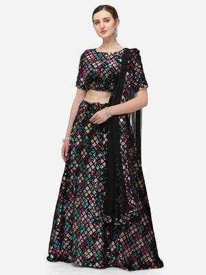 Black Fabric with Multi Sequinned Embroidered Semi-Stitched Lehenga & Unstitched Blouse with Dupatta 1
