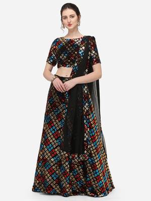 Black Fabric with Multi Sequinned Embroidered Semi-Stitched Lehenga & Unstitched Blouse with Dupatta 1