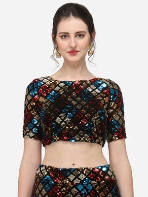 Black Fabric with Multi Sequinned Embroidered Semi-Stitched Lehenga & Unstitched Blouse with Dupatta 4
