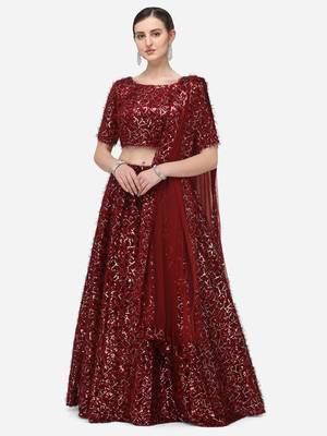 Maroon Sequinned Embroidered Semi-Stitched Lehenga & Unstitched Blouse with Dupatta 1