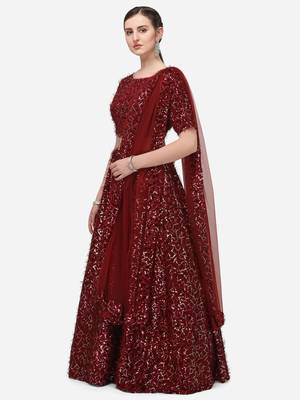 Maroon Sequinned Embroidered Semi-Stitched Lehenga & Unstitched Blouse with Dupatta 2