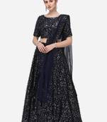 Navy Blue Sequinned Embroidered Semi-Stitched Lehenga & Unstitched Blouse with Dupatta