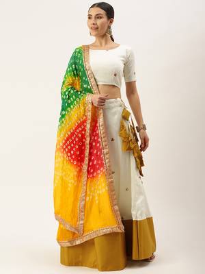 White & Mustard Mirror Work Semi-Stitched Lehenga & Unstitched Blouse With Dupatta 1