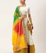 White & Mustard Mirror Work Semi-Stitched Lehenga & Unstitched Blouse With Dupatta